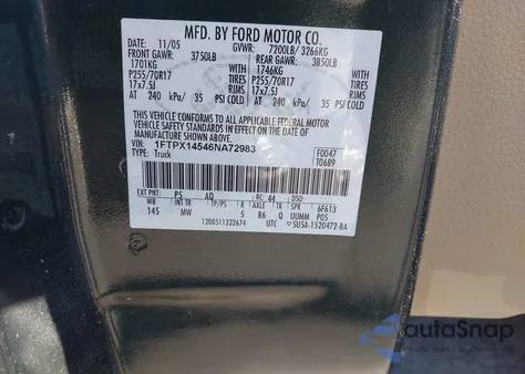 2006 Ford F-150 Fx4/Lariat/Xl/Xlt z USA, uszkodzony, nr VIN 1FTPX14546NA72983